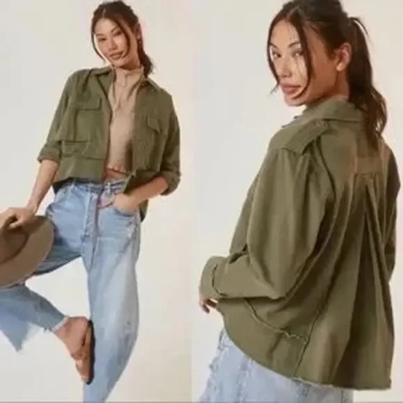Tiny Anthropologie Cleo Military Utility Olive Green Button Up Cotton Jacket - Picture 1 of 10
